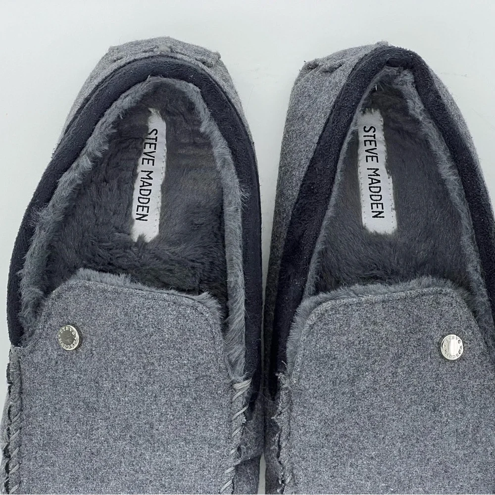Steve Madden Loafers House Shoes Slippers Faux Fur Slip On Grey Lounge Comfy 10